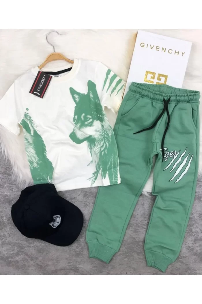 Şapkalı Kısa Kol üçlü erkek çocuk takım iki iplik sıkkı dokuma penye kumaş - Görsel 5